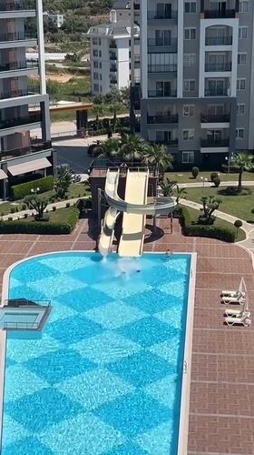 Apartment complex pool captured in Alanya Turkey courtyard footage