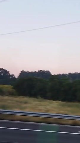 The video shows a view from a moving vehicle, likely a car or bus, looking out a window. The time appears to be either sunrise or sunset, as the sky is a soft gradient of pale blue and pink. In the foreground, there are blurred green and black horizontal lines, suggesting the vehicle's interior or a protective barrier. Beyond that, a highway guardrail is visible, also blurred due to motion. The middle ground features a rural landscape with fields of dry grass or crops, interspersed with scattered trees and bushes. In the distance, a small cluster of houses or buildings forms a village or town on a gentle slope. The overall impression is a journey through the countryside during twilight.