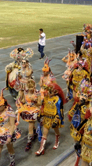 Costumed performers dance in choreographed stadium display