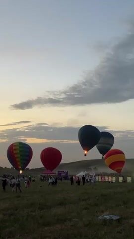 The short video captures an outdoor evening scene with multiple hot air balloons in varying stages of inflation and ascent. Several balloons are already airborne, while others are still on the ground, being filled with hot air. There are approximately seven hot air balloons in view, with various colors and patterns, including red, rainbow-striped, blue, and striped with red and yellow. The sky is overcast with a soft twilight glow, suggesting either dusk or dawn. Numerous people are gathered in the grassy field, observing the balloons. Some individuals are seen walking, while others are standing or sitting on the ground, appearing to enjoy the spectacle. The video pans across the field, showcasing different balloons and groups of people. A small child runs in the foreground at one point. In the background, there are hints of structures or tents, possibly part of an event setup. The overall atmosphere appears calm and celebratory, typical of a hot air balloon festival.