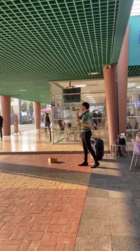 Street musician performs for pedestrians in Guayaquil