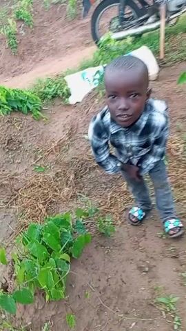 A young boy with dark skin and short hair, wearing a plaid shirt and jeans, stands in a dirt field. He is wearing sandals with a floral pattern. He looks directly at the camera and smiles. In the background, a motorcycle is parked, and there are plants and a white bag. The boy bends his knees and then straightens up, looking at the camera and smiling. The video is shot from a slightly high angle.