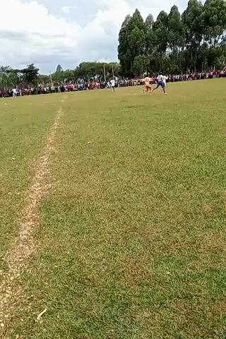 The video shows a soccer game in progress on a grass field. Several players wearing different colored uniforms are running and positioned on the field. A long line of people, presumably spectators, are standing and watching the game along the perimeter of the field. There is a line of tall, green trees behind the crowd of spectators. The sky is overcast with scattered clouds.