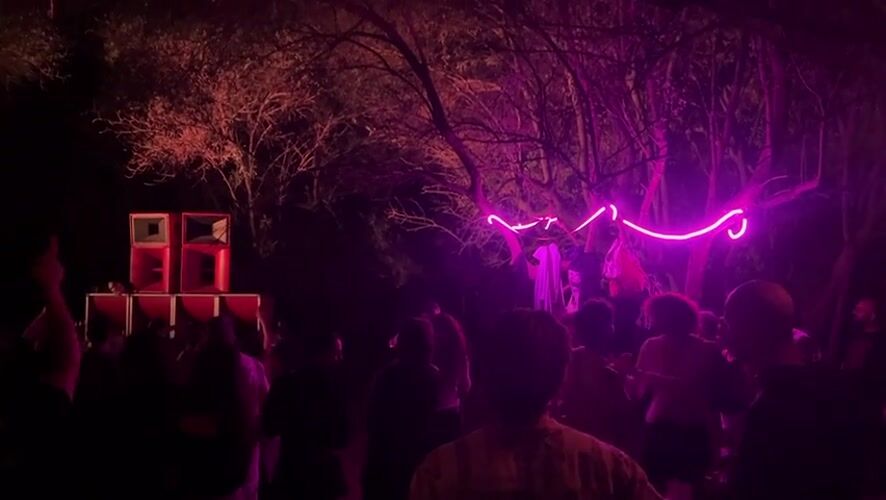 Outdoor forest dance party documented in Rome early morning