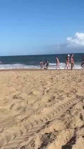 The scene shows a sandy beach on a sunny day, with a group of people gathered near the shoreline. Three young men appear to be focused on an object in the sand, possibly digging or retrieving something. Other people, including women in bikinis and an older couple, are walking nearby, suggesting a casual beach atmosphere. A tan dog is also present, adding to the relaxed feel of the scene. The ocean waves are visible in the background, contributing to the overall coastal setting.