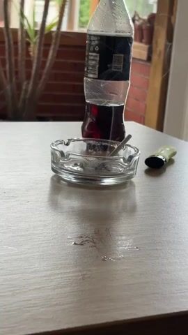 The video opens with a medium shot of a light-colored wooden table in an indoor setting. On the table, a plastic bottle containing a dark red liquid, possibly a soda, is visible. Adjacent to the bottle is a clear glass ashtray holding several cigarette butts and ash. A lit cigarette rests in the ashtray, actively emitting a plume of smoke. A yellow-green lighter is placed next to the ashtray. In the background, through a window, lush green foliage and a red brick wall are discernible, indicating a daytime setting. Small droplets or condensation marks are present on the table surface.

At the 0:01 mark, a hand enters the frame from the left, performing a distinct "thumbs down" gesture. The thumb is prominent, showcasing a small, dark, leopard-print design on the thumbnail. This gesture is held steadily for several seconds, conveying a clear sign of disapproval or negativity, likely directed at the act of smoking or the presence of the cigarette. The background elements, including the bottle, ashtray, and lighter, become slightly out of focus as the hand is centered.

The video then briefly cuts to a blurry, close-up shot of a fabric with a black and white animal print pattern, resembling cow spots or a similar design, before the clip ends. The scene takes place in Malki Iskar, Bulgaria.
