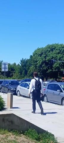 Here's a description of the video:

The video shows an outdoor scene on a bright, clear day. It begins focused on a man wearing a white shirt, dark pants, and a backpack, walking away from the camera through a parking area filled with cars. The camera then pans to the left, revealing a landscaped area with green bushes in the foreground, with more cars parked in the background. Further panning shows a tall pole with cameras mounted on it. The camera continues to pan, showing a statue atop a pillar, a traffic light, and several trees. A tall, modern building is visible in the distance, partially obscured by the trees. Several cars are seen stopped at a red traffic light.