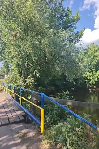 The video shows a view of a calm body of water surrounded by lush green trees. A wooden railing with blue and yellow accents is in the foreground. The sky is blue with scattered white clouds. The scene appears to be a park or natural area.