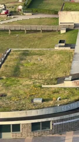 This aerial video showcases a coastal scene in Dieppe, France. The footage begins with a view of a construction site featuring heavy machinery and a miniature golf course. It then transitions to a wide shot of a green roof, possibly on a modern building, with several skylights. Beyond the green roof, a pedestrian walkway with wooden railings overlooks a grassy area and a fenced field. Further in the distance, a red athletic track is visible, with people jogging and walking along it.

The scene then shifts to a beach area, teeming with people sunbathing and swimming in the ocean. A road runs parallel to the beach, with more pedestrians and some cars. The overall atmosphere appears to be one of leisure and outdoor activity on a sunny day, suggesting it is likely late afternoon or early evening due to the warm, golden light. The presence of beachgoers, recreational facilities, and the coastal setting firmly place the location in a resort town. There is no visible text in the provided frames.