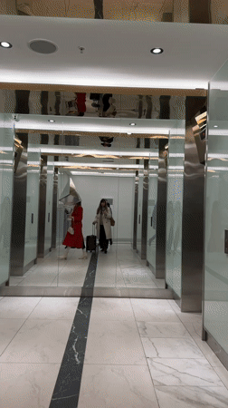 Woman with flowers travels through modern Batumi buildings