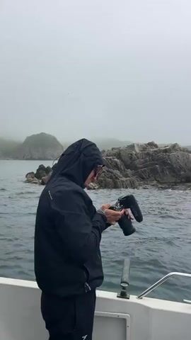 The video shows two people on a boat taking pictures in foggy conditions. Initially, a person in a black jacket and hood, wearing sunglasses, is shown looking at and adjusting a camera with a microphone attached. Next, the perspective shifts to show a person in a tan jacket and grey beanie, also taking pictures with a cell phone. The boat appears to be moving through a body of water, towards a rocky shoreline or island. The sky is overcast and grey, and the overall atmosphere is foggy.