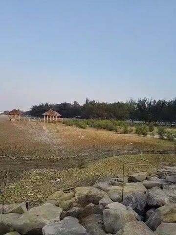 The video shows a wide view of a dry, cracked, muddy landscape. Several small, open-air huts with thatched roofs are scattered across the barren ground. In the distance, a line of trees borders the area, and a clear blue sky is visible above. The foreground is filled with large, grey rocks. There are no people or animals visible in the video.