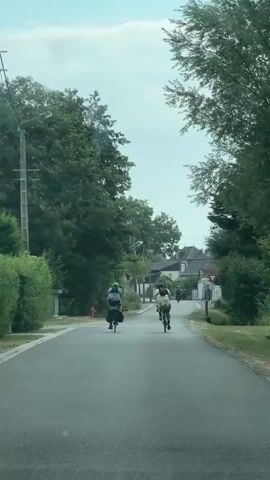 This is a vertical, medium shot of two people on bicycles riding away from the camera down a paved road. The bicycles are equipped with panniers, suggesting they are on a tour or carrying supplies. The road is bordered by lush green trees and vegetation on both sides. In the background, there are houses with traditional architecture, and a stop sign is visible on the right side of the road. The sky is overcast. The perspective suggests the video was filmed from another vehicle following the cyclists.