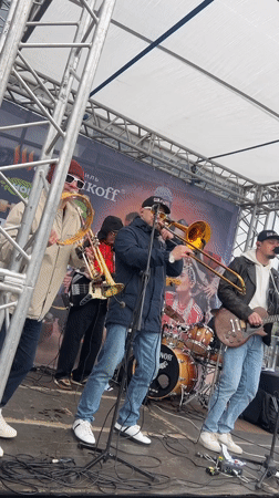 Band performs with bear mascot in Novosibirsk street event