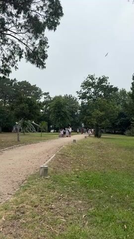 The video captures a serene outdoor scene with a dirt path winding through a grassy area bordered by trees. A flock of people, possibly families or tourists, are walking along the path. One person is seen riding a bicycle in the background. The sky is overcast, suggesting a cloudy day. The environment appears to be a park or a recreational area, with lush greenery and mature trees creating a natural ambiance.