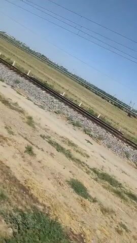 The video captures a perspective from a moving vehicle, likely a train, looking out at a landscape. The foreground consists of dirt and sparse green vegetation. To the left, railroad tracks run diagonally across the frame, bordered by gravel. Beyond the tracks, a vast, open field with yellowing grass stretches towards the horizon. In the distance, a line of white posts with wires suggests a power line or fence. The sky is clear and blue, with a slight tilt to the camera's angle. The overall impression is of a rural or semi-rural environment, viewed from a moving vehicle.