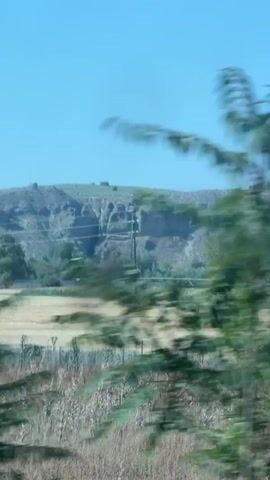 The video shows a blurred landscape shot from a moving vehicle. Green trees and foliage are prominent in the foreground, with streaks of blue sky visible through them. In the background, there are glimpses of hills or mountains and possibly some dry grass or fields. The motion blur indicates a relatively fast speed, creating an impressionistic view of the passing scenery. There are no people or distinct objects identifiable due to the blur. The environment appears to be rural or natural.