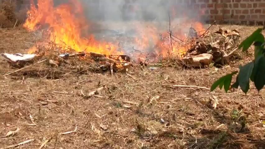 The video shows two piles of dry grass and debris burning in a field. The flames are large and produce a lot of smoke. The field is brown and dry, with a few patches of green vegetation. In the background, there is a brick wall and a building. There are also several people standing near a white car.