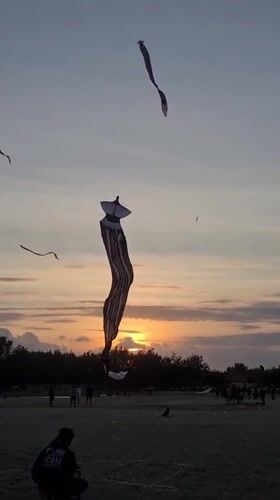 Kites fill the Denpasar sky at a packed sunset beach