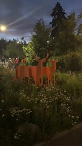 A drone light show forms the shape of a person riding a bicycle against a twilight sky. In the foreground, two orange metal deer sculptures stand amidst tall grass and white flowers. To the right, a building with large windows and interior lights is visible. A few people are standing in the background to the left.