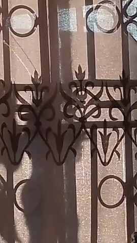 This video shows a close-up view of decorative metalwork, possibly a gate or fence, with shadows cast upon it. The metalwork features intricate scrollwork and circular patterns. Sunlight or artificial light is filtering through, creating distinct shadows that shift slightly throughout the short clip. The background appears to be a textured surface, possibly a wall or fabric, with vertical lines that align with the bars of the metalwork. The overall impression is one of light and shadow playing across an ornate structure.