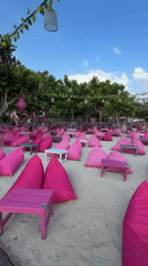 Morning scenes captured at Indonesian coastal resort with pink amenities