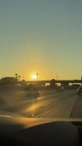 The video captures a view from inside a vehicle, looking forward. The sun is setting or rising, casting a warm golden glow across the scene. It is partially obscured by palm trees and an overpass. The vehicle appears to be on a highway, with other cars visible in the distance traveling in the same direction. The road is asphalt and shows signs of wear. The sky is a pale yellow-blue, with some light haze. The overall impression is of a commute or travel during golden hour.