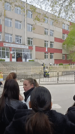 Students gather at school building in Silistra, Bulgaria