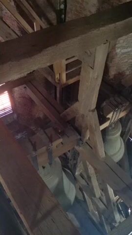 This video shows the interior of a bell tower. Two large bronze bells hang from wooden beams and structural supports. The bells appear to be stationary. The lighting is dim, suggesting it is either early morning, late evening, or the tower is enclosed. The overall environment is that of a historic structure, likely a church or a similar building, with rough-hewn wooden beams and brickwork visible. There are no people or animals visible in the video.