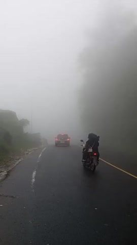 The video shows a wet, black paved road shrouded in thick fog. A yellow line divides the road, with green foliage visible on either side. A motorcycle with two occupants travels along the road away from the viewer, followed by a red car and a white van. Visibility is significantly reduced due to the dense fog.