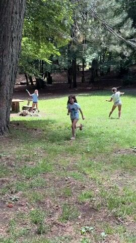 Two young girls are playing in a sunlit grassy field surrounded by trees. A girl in a light blue t-shirt and pink shorts runs from the center-right of the frame towards the left, passing a large tree trunk. She then reappears from the left, holding a light-colored ball, and walks towards a second girl. The second girl, wearing a white t-shirt and light shorts, stands in the middle-right of the field, initially facing away from the camera, then briefly turns towards the first girl before turning away again. A wooden log structure is visible on the right side of the grassy area. A third individual in a white top is partially visible behind the tree on the far left.