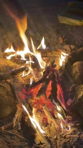 A close-up vertical video shows a campfire at night, with a few logs glowing red and yellow flames dancing on top. Some rocks surround the fire, and dark ground is visible around the perimeter. In the top right corner, a yellow object, possibly a plastic bag, is faintly visible. A person is singing in a foreign language in the background.