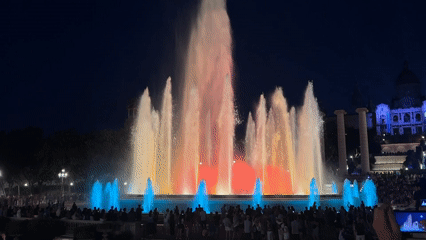 Barcelona's Magic Fountain performs evening light show for crowds