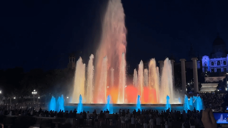 Barcelona's Magic Fountain performs evening light show for crowds