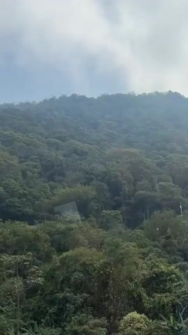 A drone shot pans across a lush, green mountainside covered in dense forest. The sky above is cloudy and overcast, with patches of blue visible. The camera moves slowly, offering a panoramic view of the rolling hills and the thick canopy of trees. The footage appears to be filmed from a high vantage point, possibly from a helicopter or another drone. No people or man-made structures are visible, emphasizing the natural beauty of the landscape.