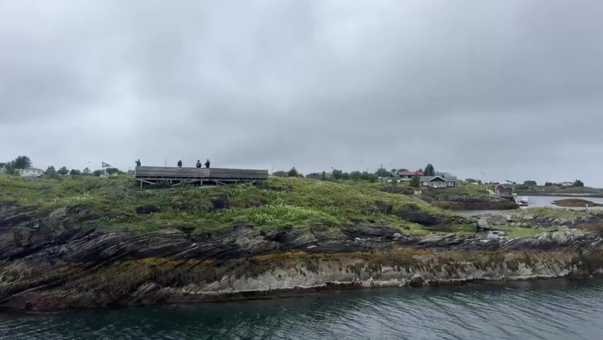 The video shows a rocky shoreline with green vegetation and scattered white flowers. A wooden observation deck is situated on a hill overlooking the water. Several people are standing on the deck, looking out at the view. In the background, there are a few small houses with red and white roofs. The sky is overcast and gray, suggesting cloudy weather. The water in the foreground is calm and appears dark. The camera pans slightly to the right throughout the video, revealing more of the coastline and houses.