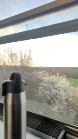 The video shows a view from inside a train, looking out the window at a passing landscape.  A stainless steel water bottle with a black lid is positioned on a ledge in the foreground, partially obscuring the view. The landscape outside the window appears to be a mix of fields and trees, seen in a blur due to the train's movement. The sky is visible through the upper part of the window, with the sun appearing to shine brightly. The window itself has horizontal bars and a heater vent is visible just below the ledge the bottle is sitting on.  The video appears to be taken during daytime.