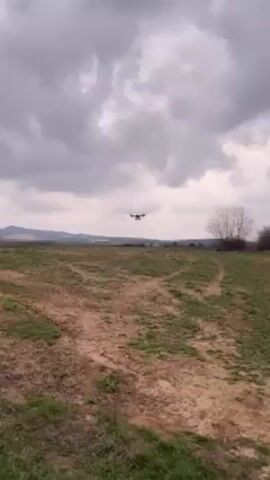 A drone is flying over a field. The drone is black and has six propellers. There is a large white tank attached to the bottom of the drone. The field is brown and green. There are tire tracks in the field. In the background, there are trees and hills. The sky is cloudy.