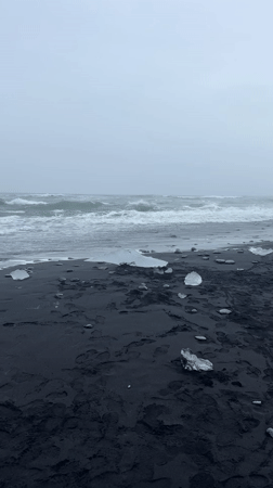 Ice chunks wash ashore on Iceland's black sand beach