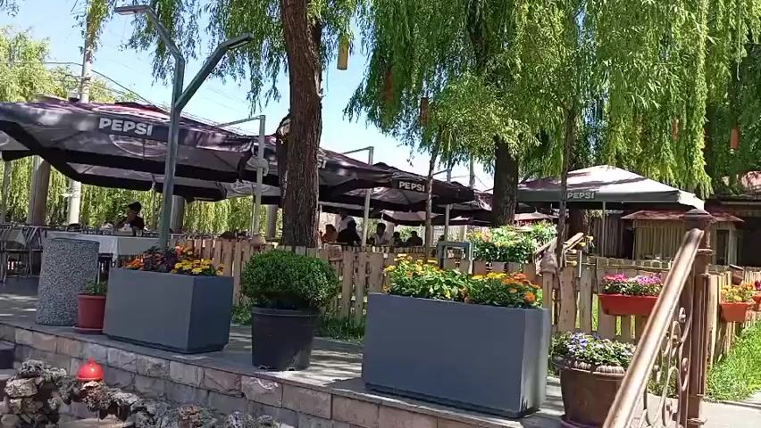 The camera pans slowly right across an outdoor restaurant.  The restaurant has several outdoor seating areas with black "Pepsi" umbrellas.  A low stone wall borders the edge of the seating, topped with grey rectangular planters with yellow and orange flowers, and also several potted plants.  A low wooden fence is decorated with flower boxes containing brightly colored flowers.  A pathway leads to a fountain in the distance and small wooden huts for private dining. Weeping willow trees provide shade. A man in a white shirt stands near the fountain.