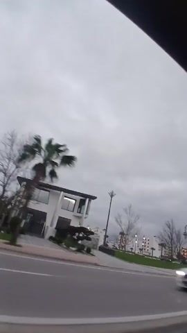 The view from a moving vehicle captures a street scene on a cloudy day. On the left, a modern white building with dark-framed windows stands beside a neatly trimmed landscape.  A multi-lane road runs alongside a landscaped median that features palm trees, leafless trees, and green grass. White buildings of a similar architectural style line the background. Street lights with globe-shaped lamps are evenly spaced along the street. A dark-colored car passes in the opposite direction. The upper portion of the shot is framed by the vehicle’s interior, creating a partially obstructed view of the sky.