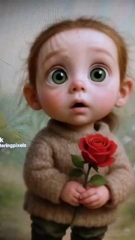 The video shows a digital rendering of a cartoon toddler. The toddler is pale with red hair. The toddler has large, green eyes. The toddler wears a brown knit sweater. The toddler holds a red rose in their hands and raises the rose to their nose. The background is blurred. Text along the left side of the screen is partially obscured. Pleasant music plays.