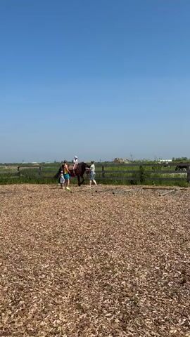 A brown horse stands in a dirt enclosure with a young boy in a white shirt and hat sitting on its back. A woman in a light green shirt and denim shorts stands next to the horse, holding its bridle. Another person, partially visible, stands to the left of the horse. Wooden logs are laid on the ground in front of the horse. The background shows a wooden fence, green grass, and a blue sky with scattered clouds. The sun is shining.