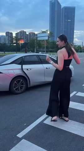 A woman in a black jumpsuit stands on a crosswalk, facing away from the camera and looking towards a silver car. The car's rear trunk and driver's side door are open. A person is visible in the driver's seat of the car. The sky is overcast and appears to be dusk. Tall buildings are visible in the background.