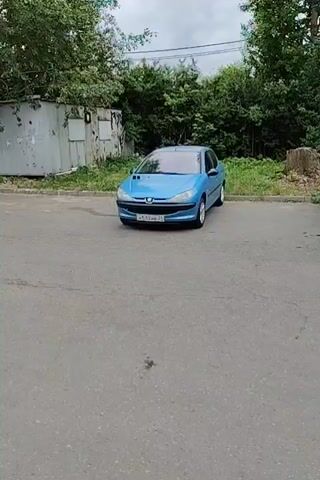 A blue Peugeot 206 is parked on an asphalt surface. The car is facing the camera. It is a hatchback model. The license plate is visible and appears to be X510HB 31. Behind the car, there are trees and some industrial-looking structures. The sky is overcast. The camera is static and at eye level with the car.