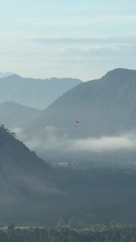 A paraglider with a red canopy is in mid-air above a misty valley between rolling green hills. Several birds are also visible in the sky. The scene is bathed in soft, diffused light, suggesting either early morning or late afternoon. The overall atmosphere is serene and vast.