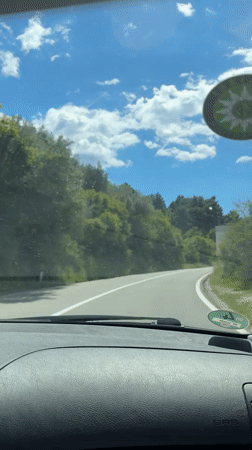 Driver captures sunny road journey near Sveti Stefan, Montenegro