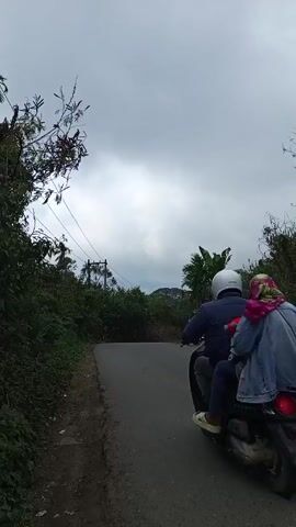 Two people on a scooter are driving away on a narrow road. The road is surrounded by green vegetation on both sides. Overhead are utility lines and a cloudy sky. The scene suggests a rural or semi-rural environment.