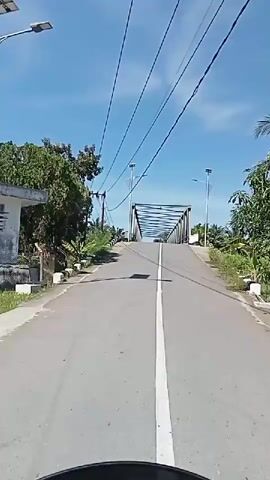 A first-person perspective video shows a road leading to a metal truss bridge. The road is asphalt with a white line dividing the lanes. There are power lines running overhead and streetlights on either side of the bridge entrance. Lush green vegetation lines the sides of the road. The sky is blue with a few wispy clouds. The video appears to be taken on a sunny day. The camera is moving forward, indicating the person is likely walking or driving. No people are visible in the video.
