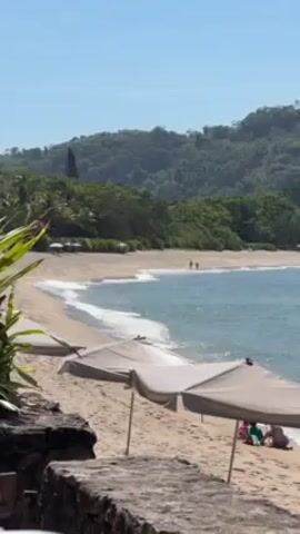 The video shows a scenic view of a beach with gentle waves and sandy shore, dotted with several beach umbrellas. In the distance, two people are walking along the shoreline near the water's edge. The backdrop features lush green hills under a clear blue sky. In the foreground, parts of a stone wall and foliage frame the view. The overall scene suggests a peaceful and relaxing coastal environment.